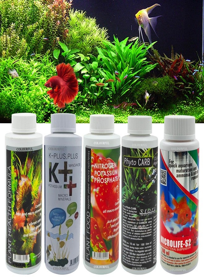 COLOURFUL - Aquatic Remedies 5-in-1 Plant Care Combo: Plant Health 120ml + Plant Food 120ml + K++ 120ml + Phyto Carb 100ml + Micro Life S2 100ml - Complete Aquarium Plant Care Solution - Image 1